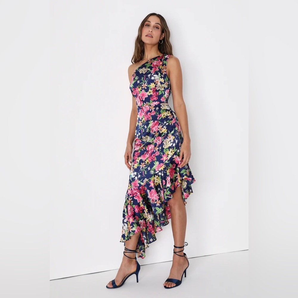 Lulu’s Blue Multi Floral One-Shoulder,Tropical, Satin, Midi Dress sz S